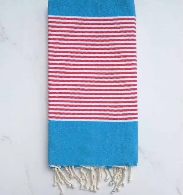 Fouta plate bleu azur rayée rouge et blanc - 1