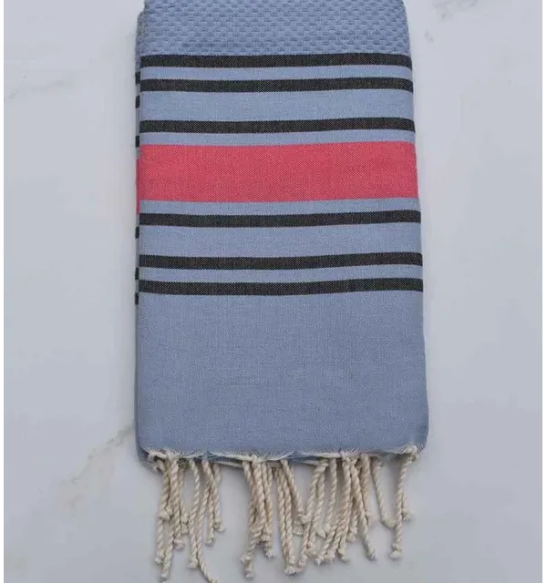 Fouta bleu charron rayée rose et noir Fouta Tunisia - 1