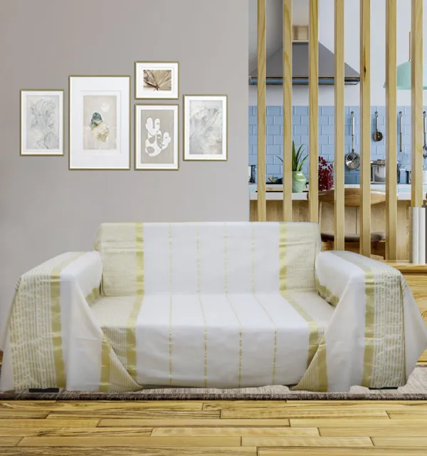 Jeté blanc crème au fil lurex doré Fouta Tunisia - 1