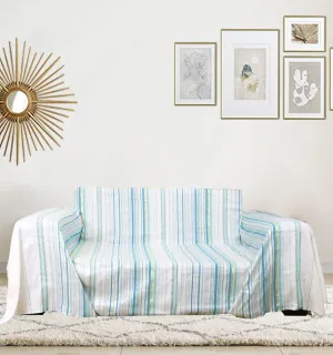 Jeté fadhila blanc crème clair, vert clair et canard avec lurex Fouta Tunisia - 1