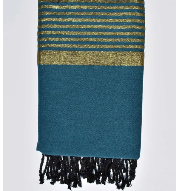 Jeté bleu paon avec lurex doré Fouta Tunisia - 1