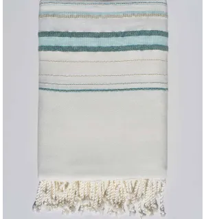 Jeté de canapé fadhila blanc, canard et vert d'eau avec lurex Fouta Tunisia - 1