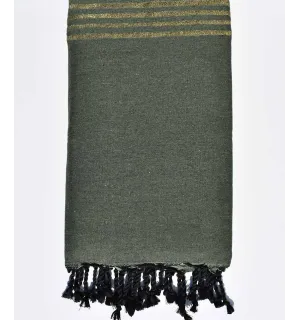 Jeté vert kaki avec lurex doré Fouta Tunisia - 1