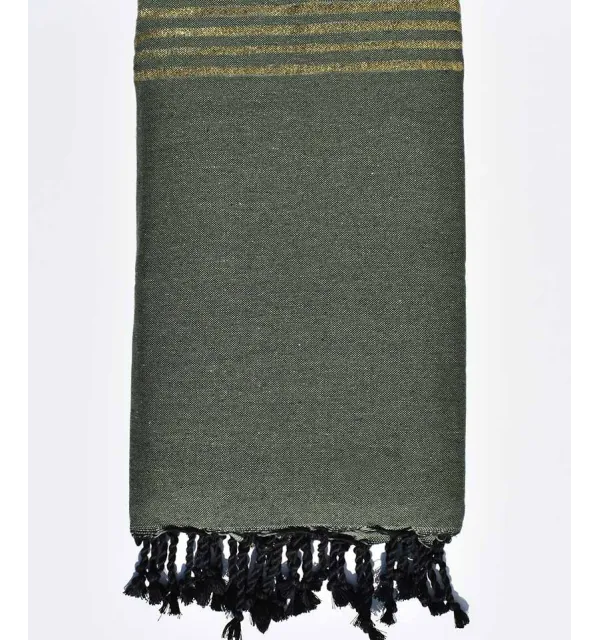 Jeté vert kaki avec lurex doré Fouta Tunisia - 1