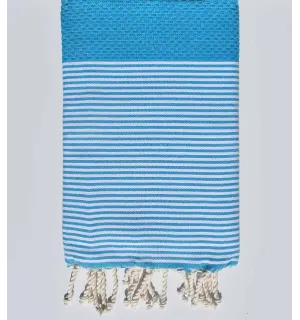 Fouta nid d'abeille bleu azur rayée blanc Fouta Tunisia - 1