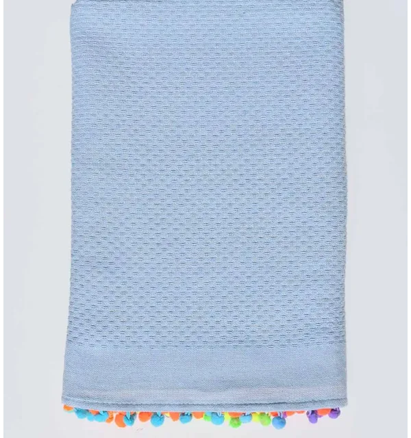 Fouta en nid d'abeille unie bleu clair avec pompons Fouta Tunisia - 1