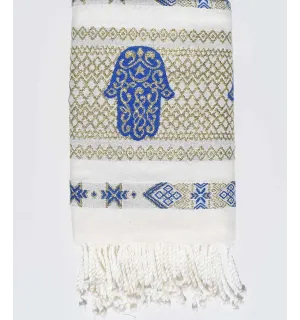 Fouta khomsa blanc crème et bleu Fouta Tunisia - 1