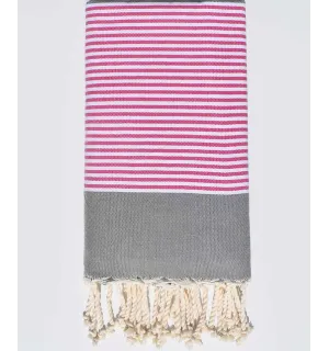 Jeté plate gris avec rayures rose et blanche Fouta Tunisia - 1