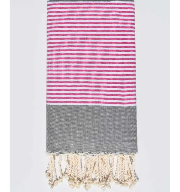 Jeté plate gris avec rayures rose et blanche Fouta Tunisia - 1