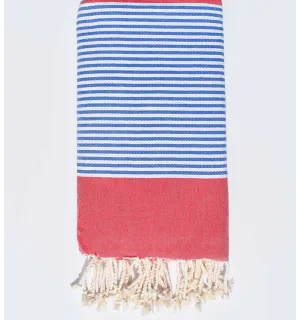Jeté rouge rayée bleu 2m/2m Fouta Tunisia - 1