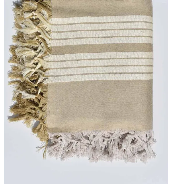 Jeté de canapé 4 franges couleur beigeasse avec rayures blanc crème Fouta Tunisia - 2
