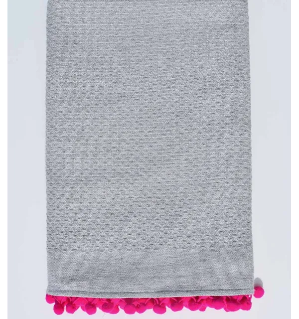 Fouta gris en nid d'abeille unie avec pompons rose Fouta Tunisia - 1
