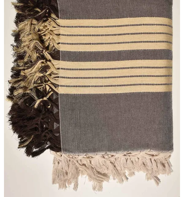 Jeté de canapé 4 franges marron avec rayures écru Fouta Tunisia - 2