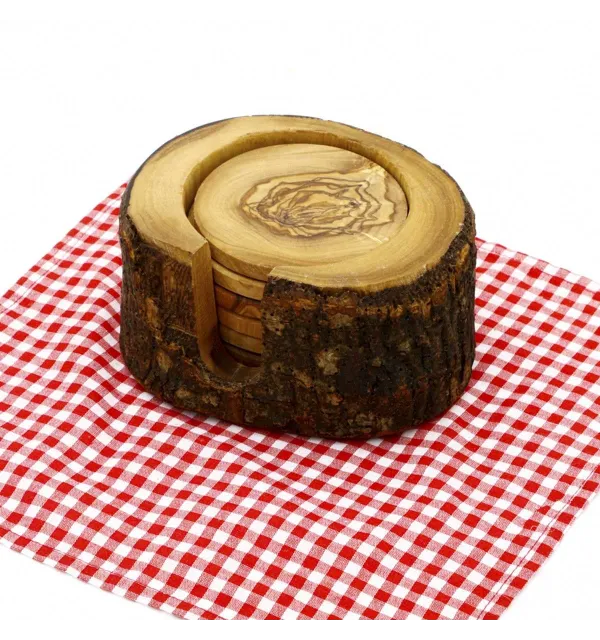 Support en bois d'olivier avec 6 sous verres - 1