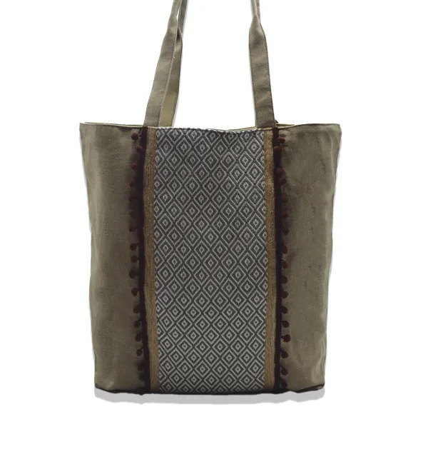 Sac Saint Tropez couleur bistre avec pompons Fouta Tunisia - 1