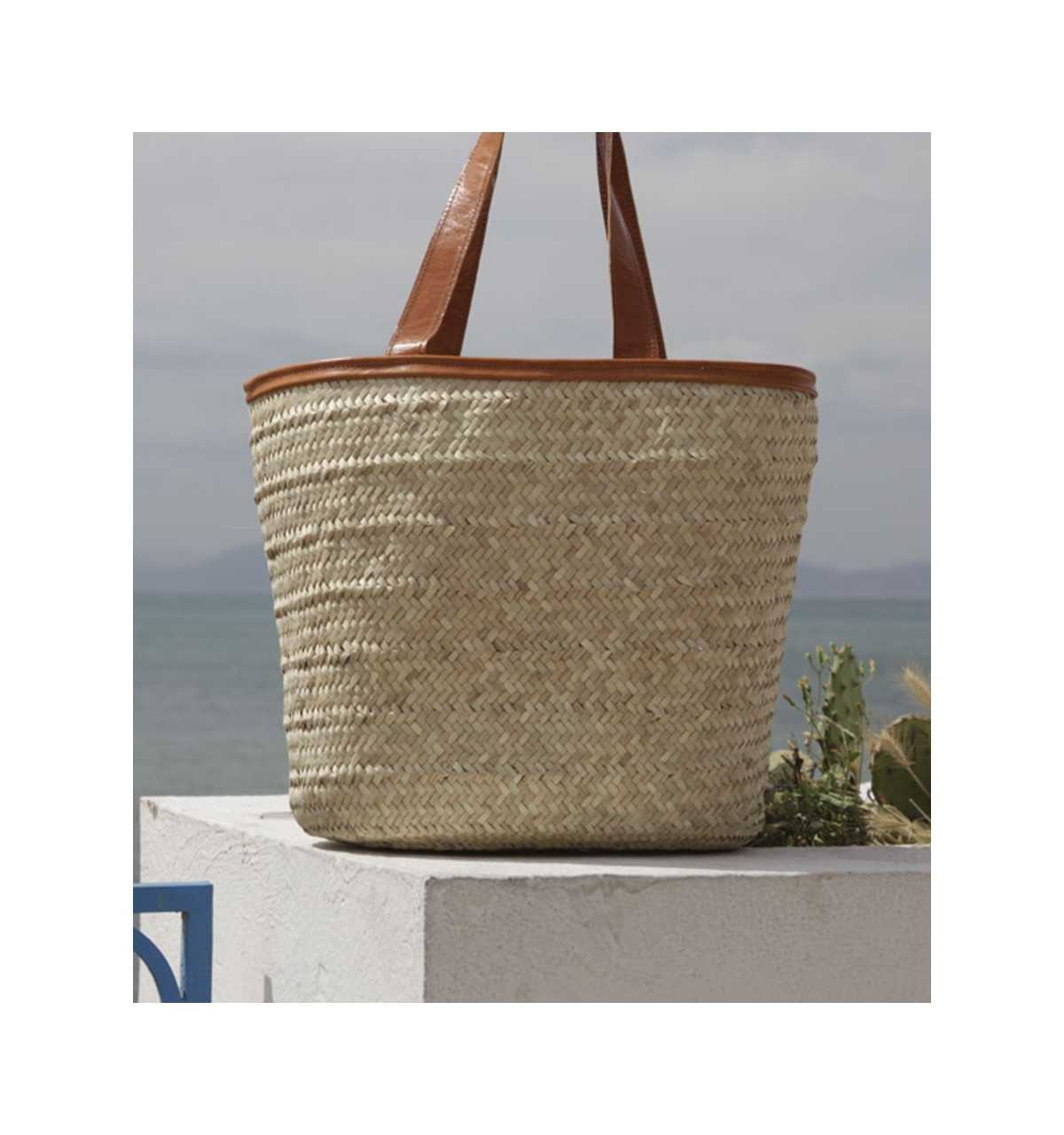 Sac cabas de plage XL couleur tabac imprimé Sel de mer anses cuir