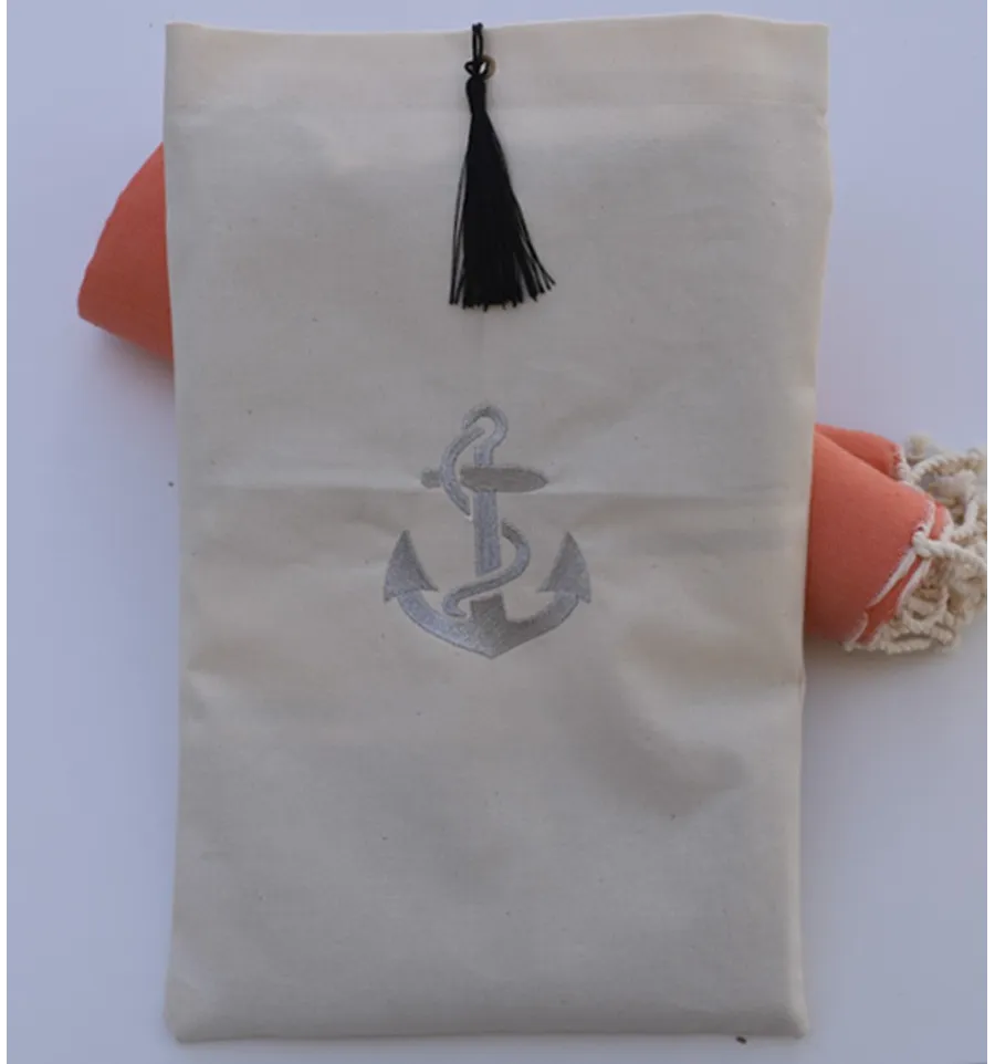Pochette beige clair brodée motif ancre argent avec pompon Fouta Tunisia - 2