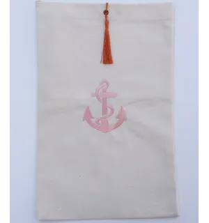 Pochette beige clair brodée motif ancre avec pompon orange Fouta Tunisia - 1