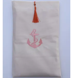 Pochette beige clair brodée motif ancre avec pompon orange Fouta Tunisia - 1 2
