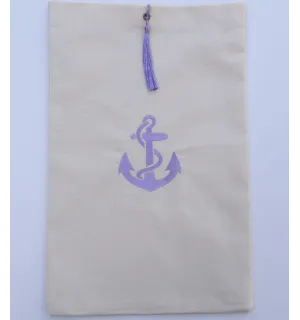 Pochette beige clair brodée motif ancre lavande avec pompon Fouta Tunisia - 1