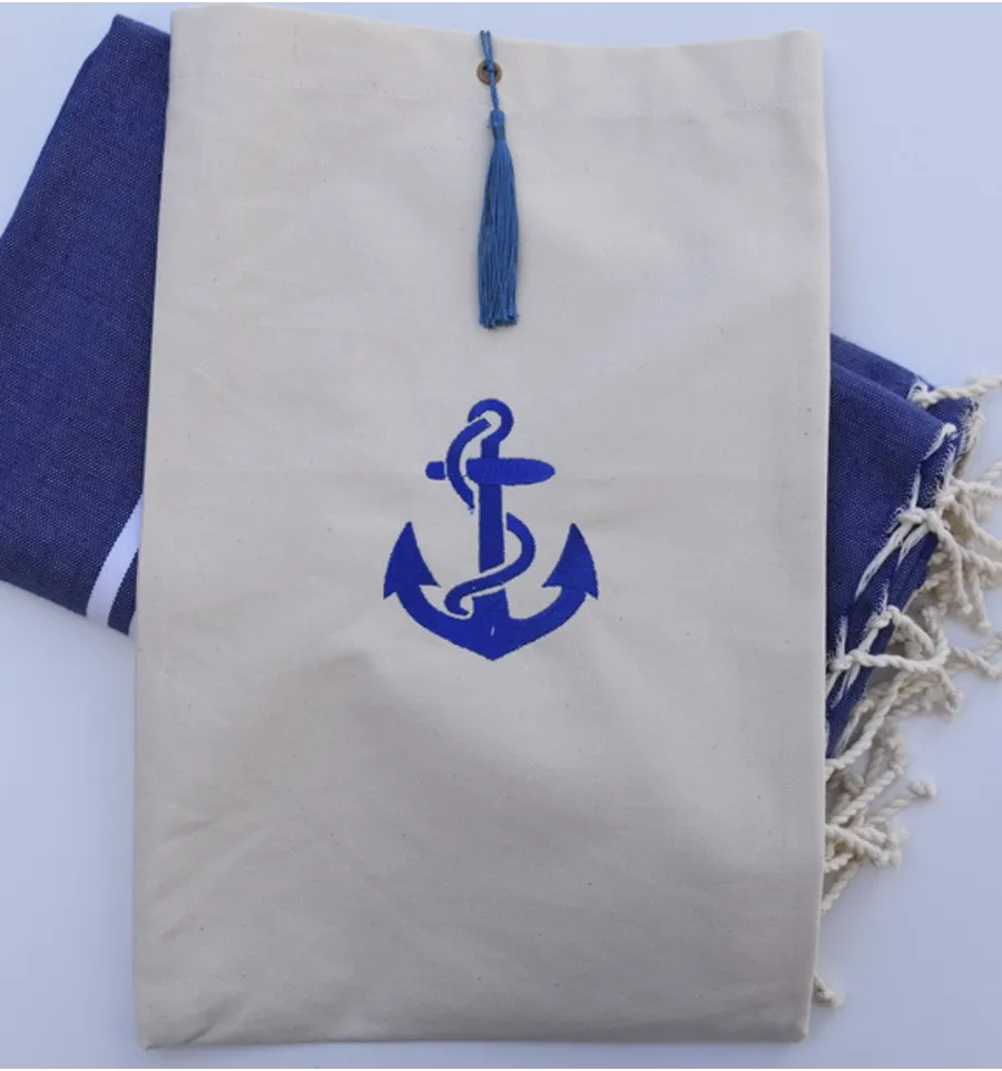 Pochette beige clair brodée motif ancre bleu avec pompon Fouta Tunisia - 2