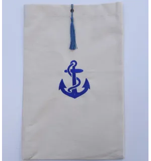 Pochette beige clair brodée motif ancre bleu avec pompon Fouta Tunisia - 1
