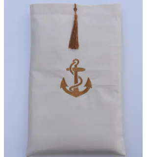 Pochette beige clair brodée motif ancre avec pompon Fouta Tunisia - 1