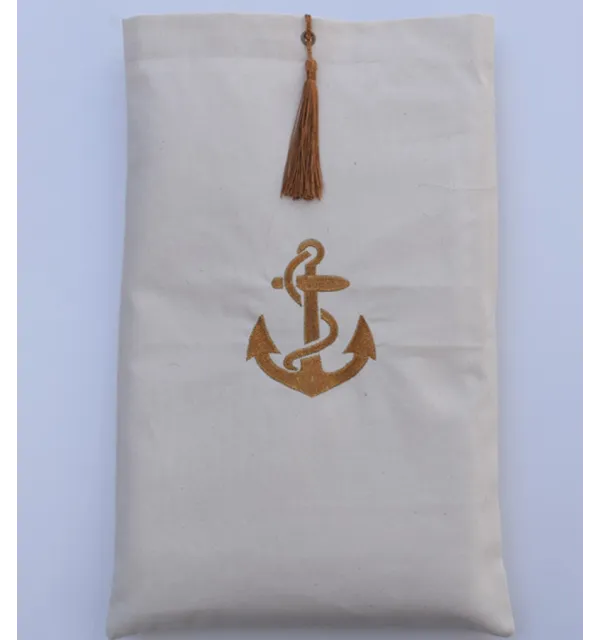 Pochette beige clair brodée motif ancre avec pompon Fouta Tunisia - 1