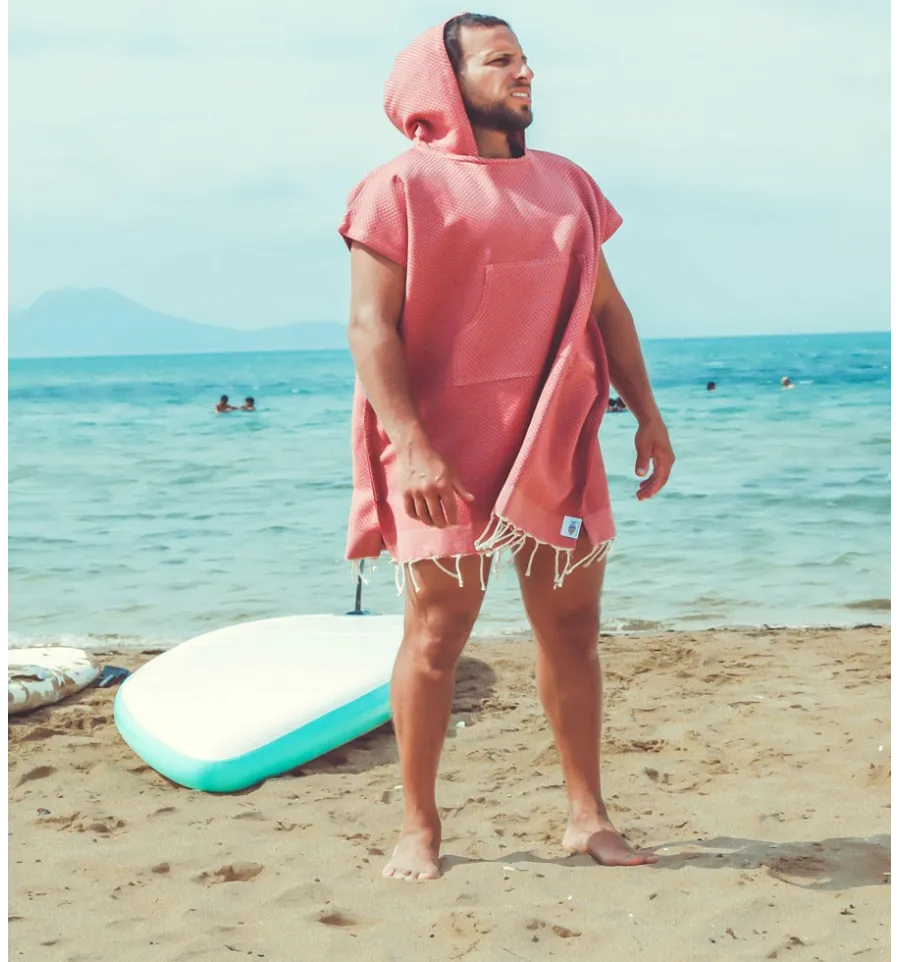 Poncho de plage rouge tomette Fouta Tunisia - 3