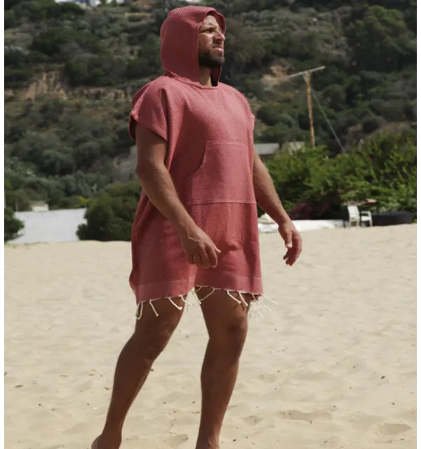 Poncho de plage rouge tomette Fouta Tunisia - 1