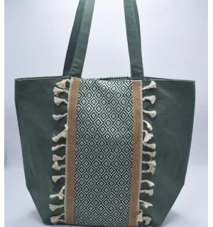 Sac Saint Tropez vert motifs en chevron et pompons Fouta Tunisia - 1