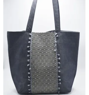 Sac Saint Tropez bleu guède motifs en chevron et pompons Fouta Tunisia - 1