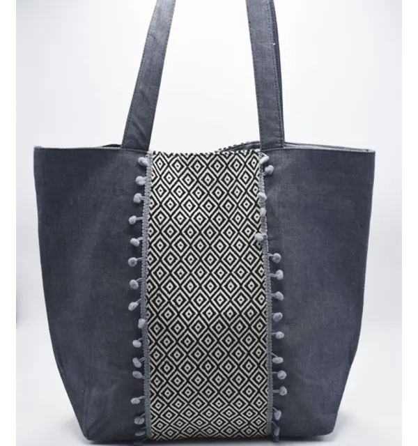 Sac Saint Tropez bleu guède motifs en chevron et pompons Fouta Tunisia - 1