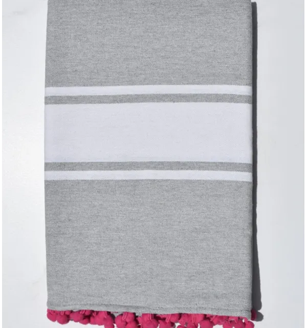 Fouta plate gris souris avec pompons Fouta Tunisia - 1