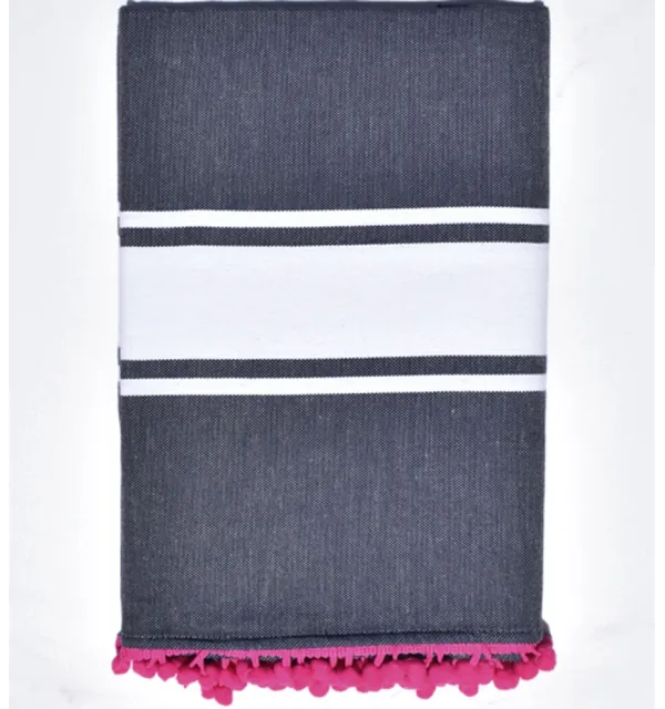 Fouta plate bleu nuit avec pompons Fouta Tunisia - 1