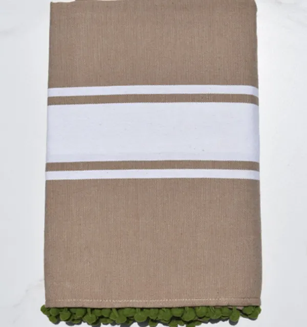 Fouta plate beige sépia avec pompons Fouta Tunisia - 1