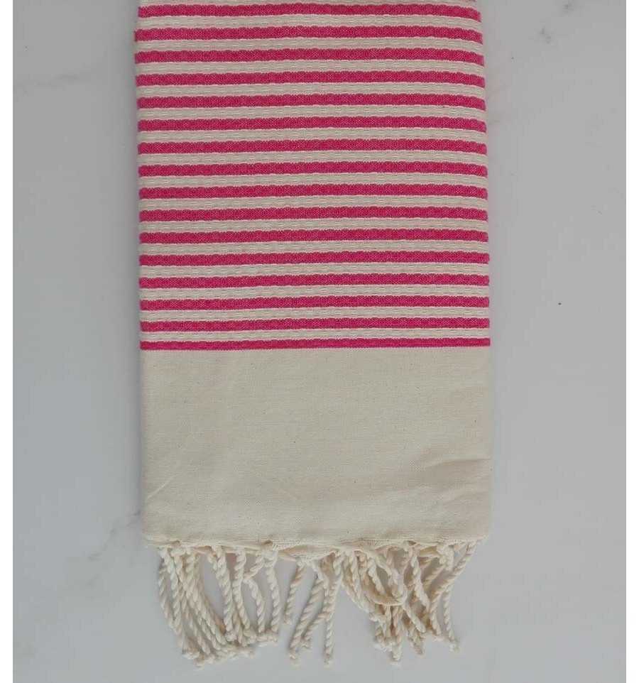 Fouta nid d'abeille rayée 1 cm rayure rose  bonbon