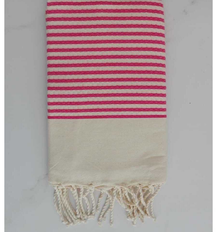 Fouta nid d'abeille rayée 1 cm rayure rose bonbon