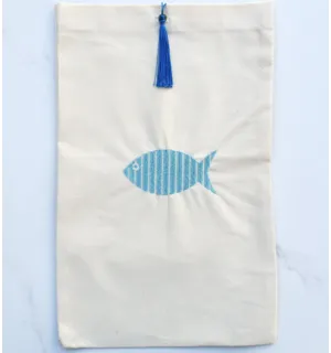 Pochette beige clair brodée poisson couleur mers du sud avec pompon Fouta Tunisia - 1