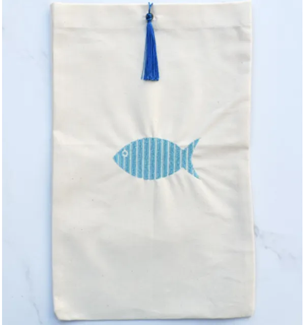 Pochette beige clair brodée poisson couleur mers du sud avec pompon Fouta Tunisia - 1