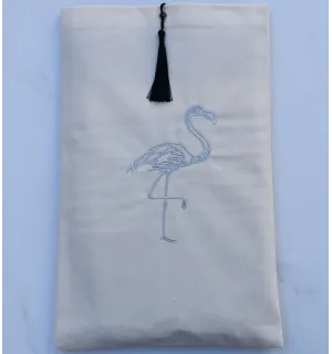 Pochette beige clair brodée flamant couleur argent avec pompon Fouta Tunisia - 1 2