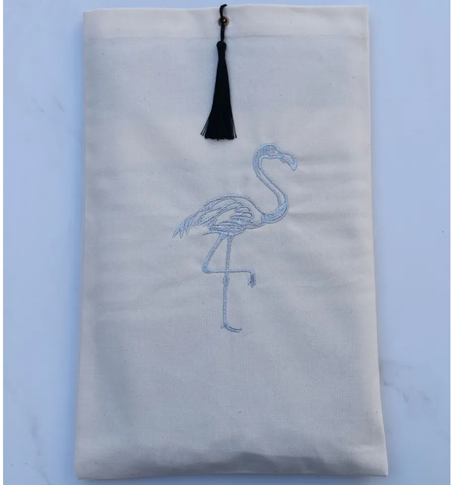 Pochette beige clair brodée flamant couleur argent avec pompon Fouta Tunisia - 2