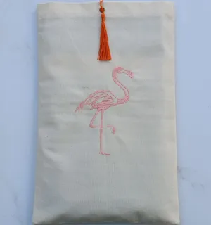 Pochette beige clair brodée flamant avec pompon orange Fouta Tunisia - 1
