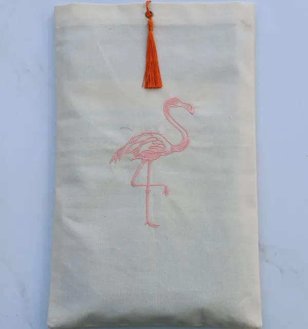 Pochette beige clair brodée flamant avec pompon orange Fouta Tunisia - 1