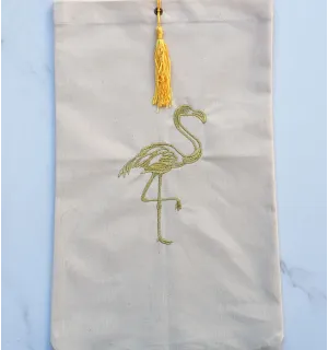 Pochette beige clair brodée flamant avec pompon Fouta Tunisia - 1