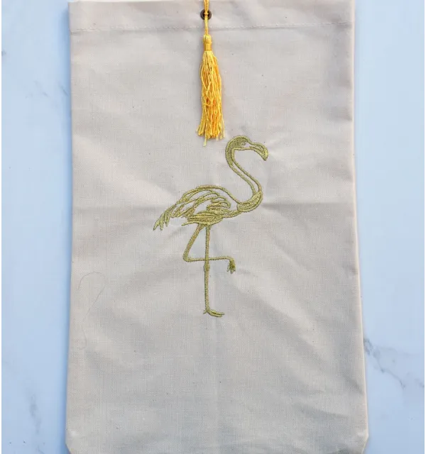 Pochette beige clair brodée flamant avec pompon Fouta Tunisia - 1