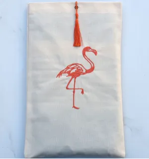 Pochette beige clair personnalisée flamant orange avec pompon Fouta Tunisia - 1