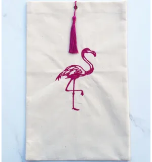 Pochette beige clair brodée flamant avec pompon rose Fouta Tunisia - 1