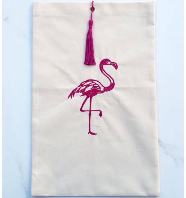 Pochette beige clair brodée flamant avec pompon rose Fouta Tunisia - 1