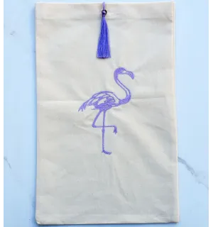Pochette beige clair brodée flamant avec pompon lavande Fouta Tunisia - 1